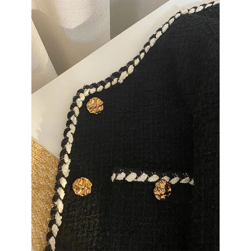 Vintage Tweed Jacket Women Elegant Cropped Quilted Coat Commute Black Blazer Winter Ladies Korean Short Outerwear Tops New