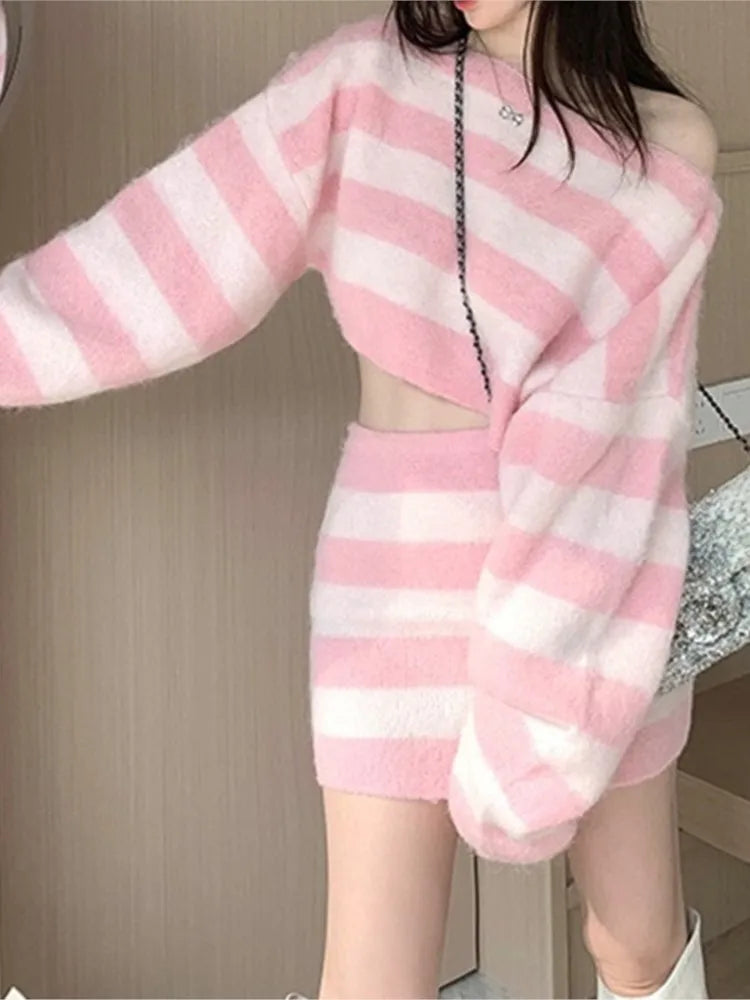 Autumn Striped Two-piece Skirt Set Women Long Sleeve Cropped Off Shoulder Top Bodycon Mini Skirt Korean Fashion Suits New