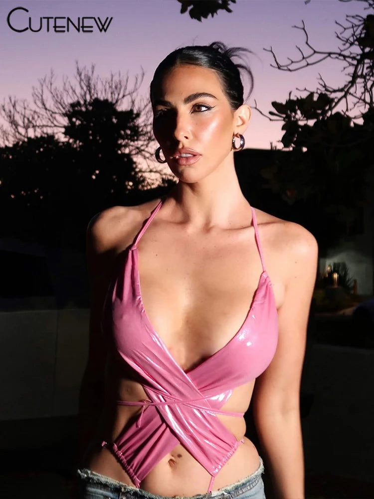 Shiny Women Bodysuits Sexy Cross Bandage Waistless Backless Slim Rompers Female Attractive Solid Nightout Club Camisoles