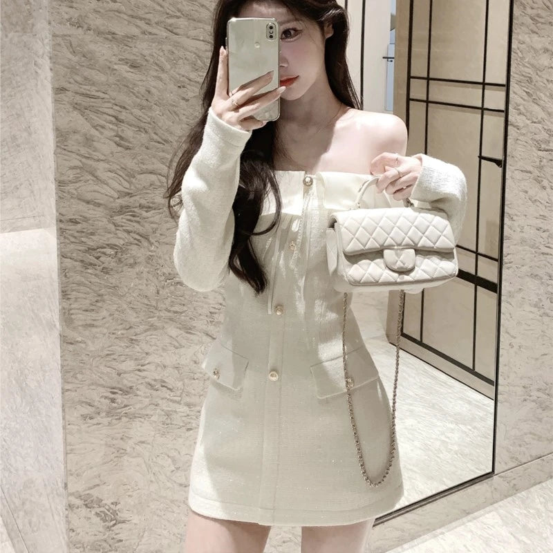 Elegant Tweed Slash Neck Short Dresses for Women Long Sleeve Slim Waist Birthday Party Dress Korean Fashion Vestidos Mujer