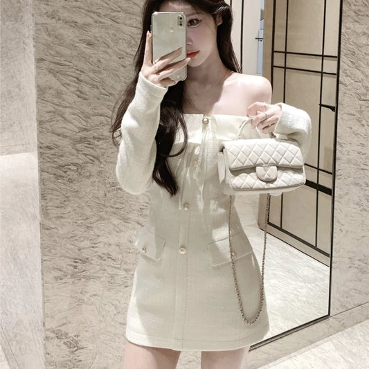 Elegant Tweed Slash Neck Short Dresses for Women Long Sleeve Slim Waist Birthday Party Dress Korean Fashion Vestidos Mujer