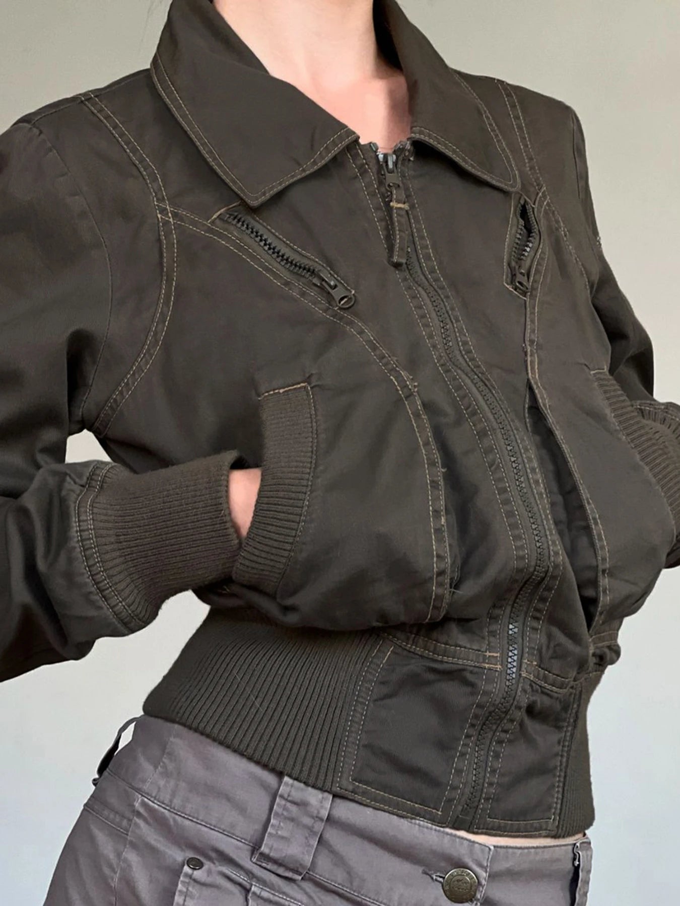 Chic Punk Zipper Long Sleeve Jackets Women Slim Solid s New Trendy Streetwear Clothes Binding Waist Coat