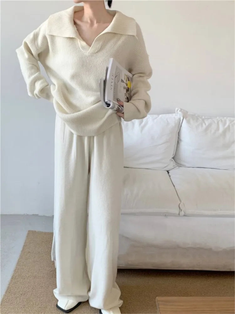 Autumn Winter Women’s Knitted 2-piece Set Lapel Pullover Sweater Long Pants Korean Fashion Casual Female Clothing Knitwear New