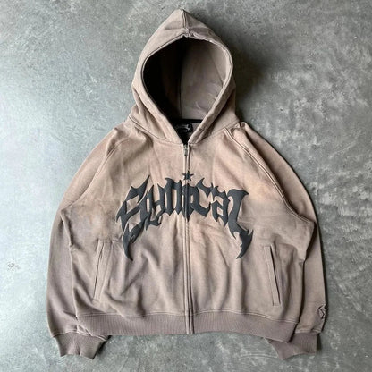 Harajuku High Street Popular Vintage Letter Print Y2k Zip Hoodies Loose Sweatshirt Unisex Casual Joker Pullovers Hoodie Tops
