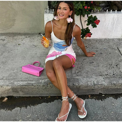 Fashion Flower Printed Women Sling Dress Elegant U-neck Backless Bodycon Dresses Summer Lady Chic Beach Vacation Robes 2024