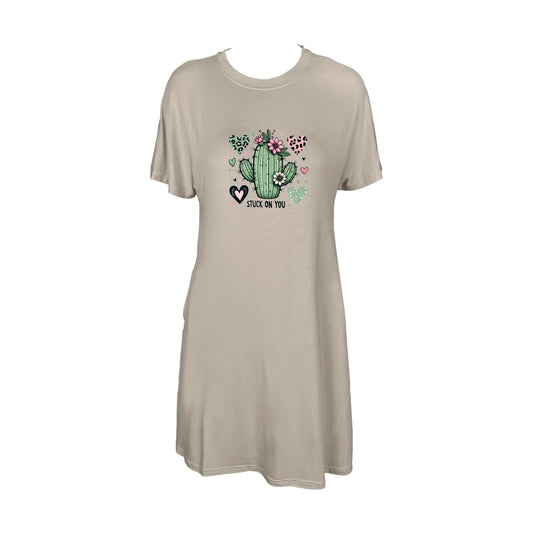 Adorable Cactus Hearts And Flowers Print Crew Neck Tee Dress Casual Short Sleeve Dress For Spring & Summer Women's Clothing