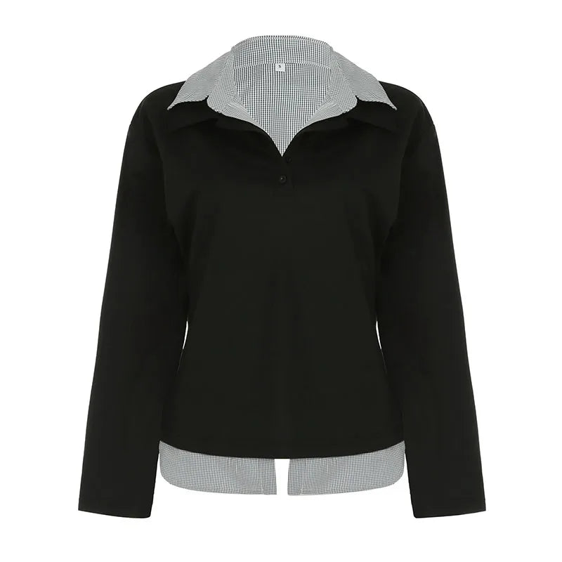 Patchwork Plaid Lapel Collar Fake Two Piece Sweats Preppy Style Simple Fashion s Trendy Pullovers Basic