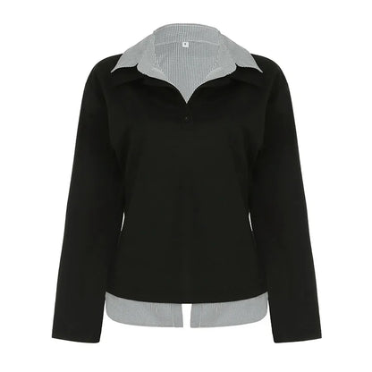Patchwork Plaid Lapel Collar Fake Two Piece Sweats Preppy Style Simple Fashion s Trendy Pullovers Basic