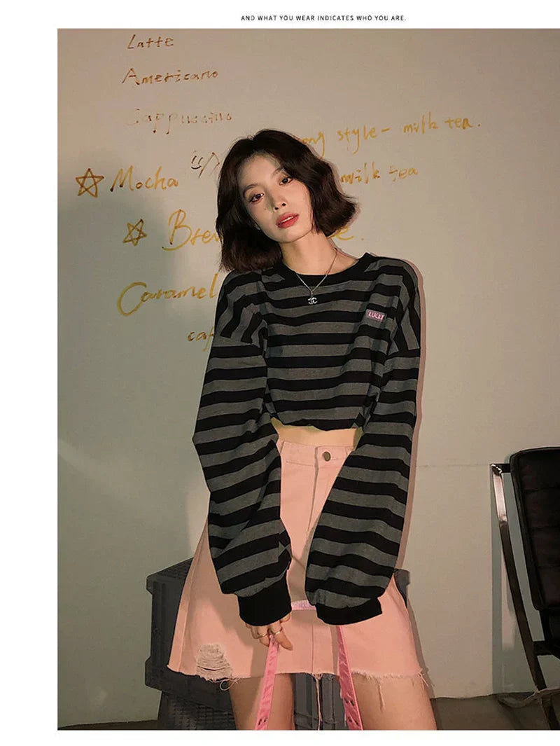 Voguable Cropped Y2K Striped Sweatshirts Harajuku Gothic Tops Vintage Streetwear Casual Bf Oversize Long Sleeve Pullover