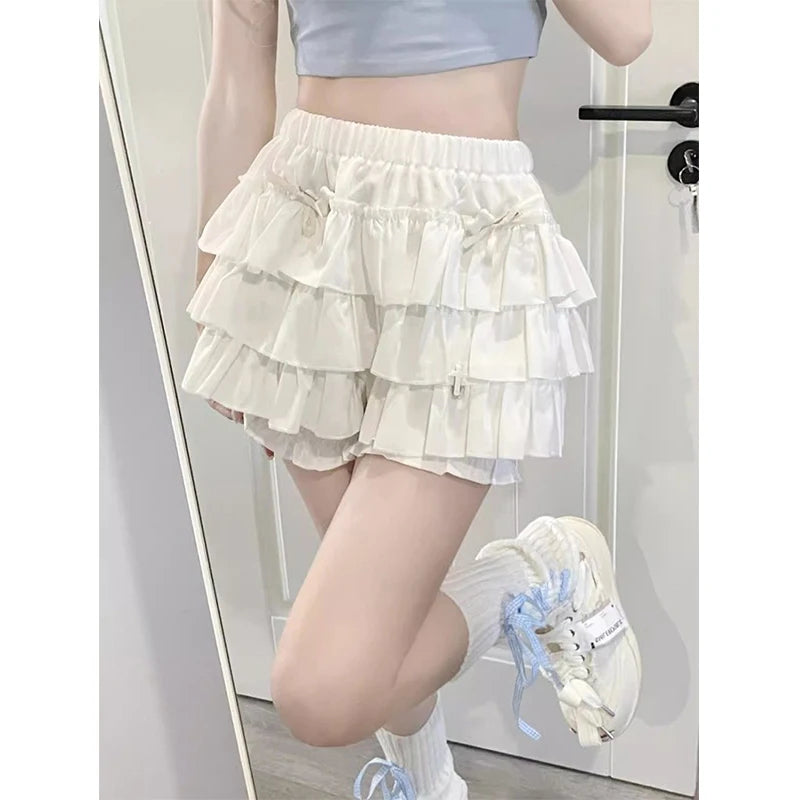 Y2K Sweet Ruffles Mini Skirt Women Kawaii Lolita Bow A Line Skirts Harajuku Japanese High Waist Pink White Ball Gown Skirt