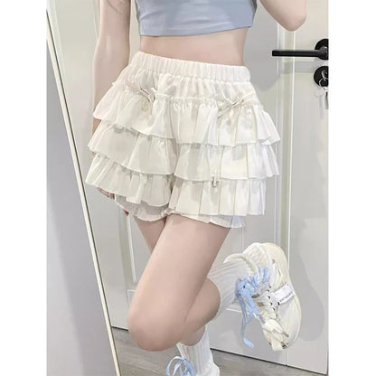 Y2K Sweet Ruffles Mini Skirt Women Kawaii Lolita Bow A Line Skirts Harajuku Japanese High Waist Pink White Ball Gown Skirt