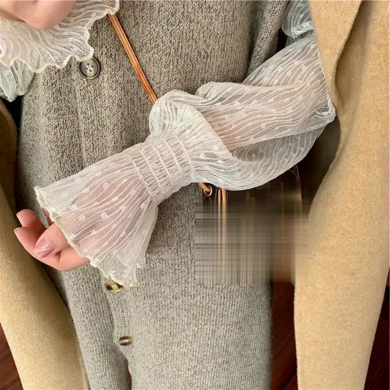 Women High Collar Mesh Perspective Blouse Summer Thin See Through Slim Bottoming Lace Long Flare Sleeved Tops