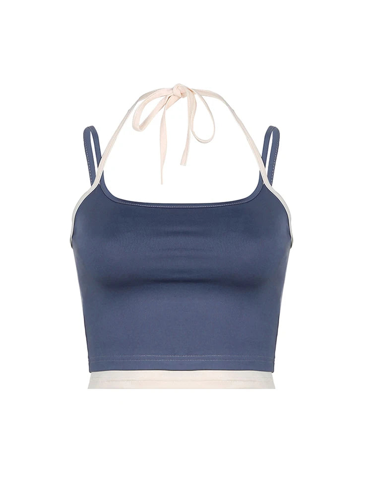 Contrast Patchwork Halter Lace-Up Camisole Crop Top Women Basic Casual Streetwear