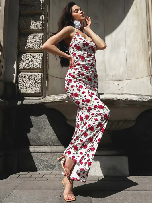 New Fashion Sleeveless Bodycon Floral Dresses High Street Sexy Woman Clothes Spaghetti Strap Slim Vacation Party Long Dress