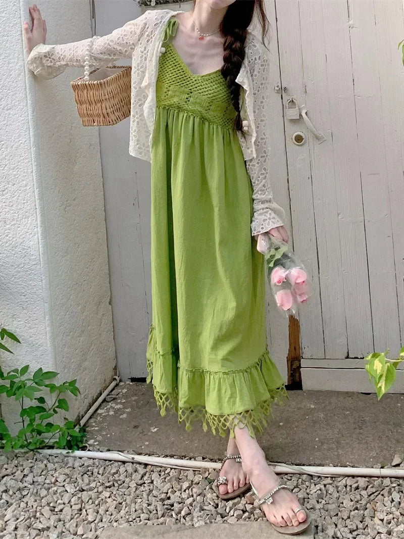 Y2k Leisure Holiday Wind Fruit Green Dress Cool Feel Lazy Wind Hollow Pendant Feeling Suspender Long-Short Dresse