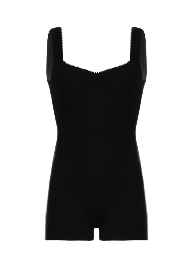 Sleeveless Shirring Square Collar Skinny Sexy Summer Playsuit Women Black Solid Simple Basic Casual Vacation Rompers