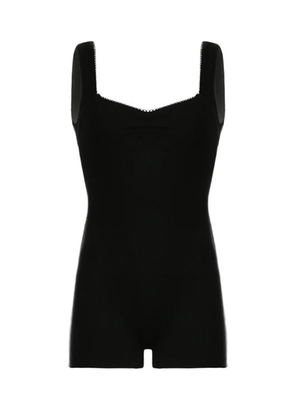 Sleeveless Shirring Square Collar Skinny Sexy Summer Playsuit Women Black Solid Simple Basic Casual Vacation Rompers