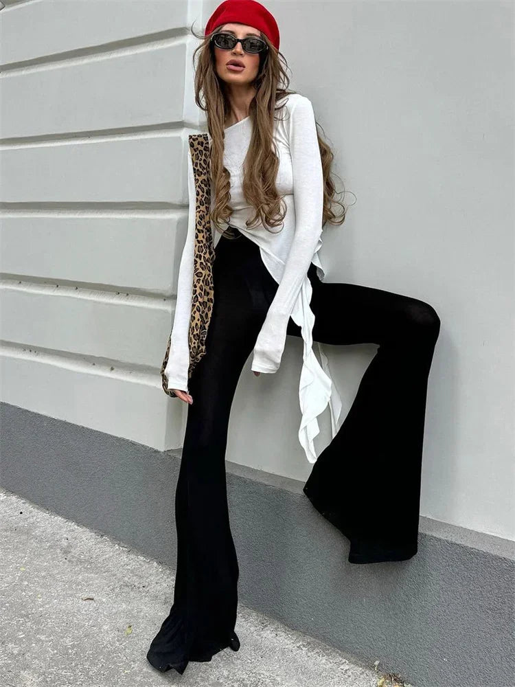 White Knit Slim T-shirt Pullover Female Ruffled Patchwork See-Through Long Sleeve Y2k Sexy Inner Top Women’s Knitwear Tee