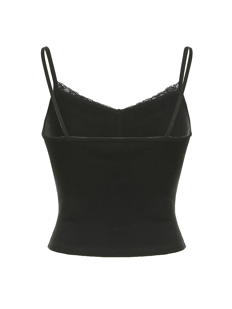 Black Solid Lace Patchwork Slim V Neck Basic Cute Camisole Women White Y2K Crop Top
