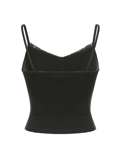 Black Solid Lace Patchwork Slim V Neck Basic Cute Camisole Women White Y2K Crop Top