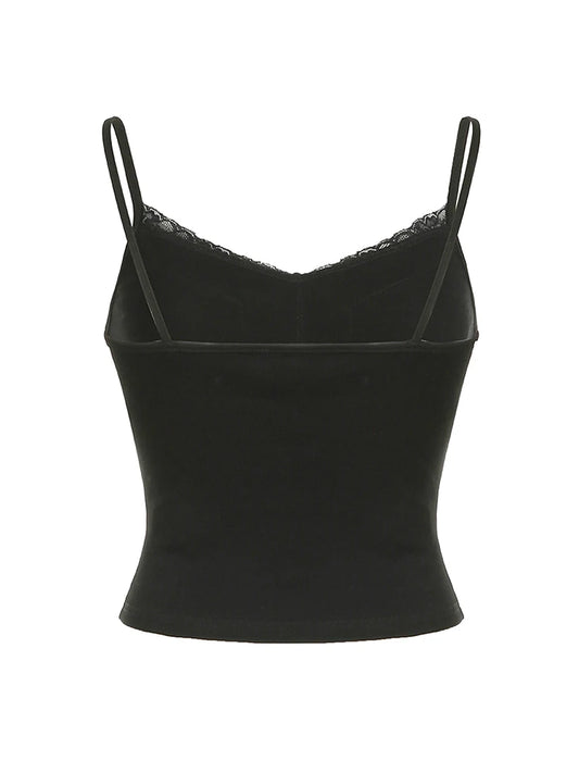 Black Solid Lace Patchwork Slim V Neck Basic Cute Camisole Women White Y2K Crop Top