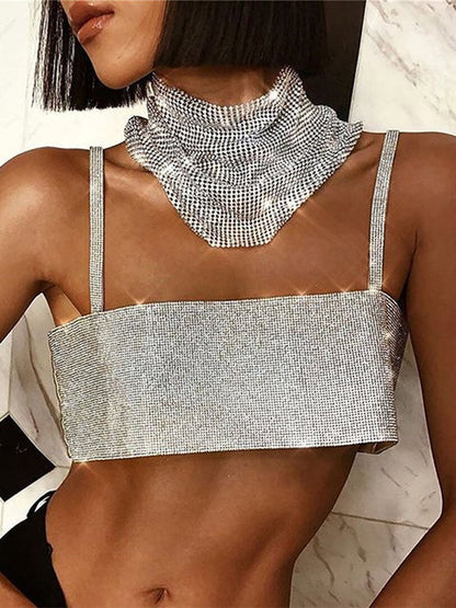 Glitter Club Crop Top Off Shoulder Tank Cami Clothing Super Short Party Night Shiny Bling Sleeveless Tube Tops Y2K