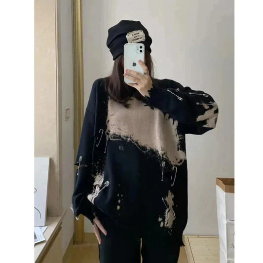 Y2k Grunge Black Ripped Sweater Vintage Distressed Knitted Jumper Gothic Oversized Knitwear Korean Tide Top