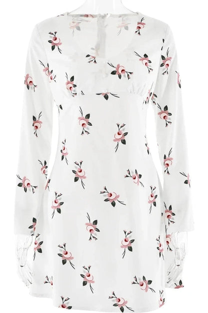 Printed V-Neck Long Sleeve Mini Dress