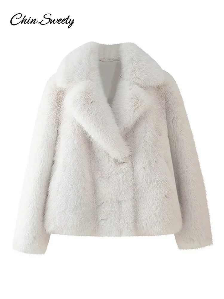 Fluffy Faux Fur Coat Women Elegant Loose Lapel Plush Long Sleeve Buckle Thick Jacket  Autumn Winter Solid Warm Overcoat New