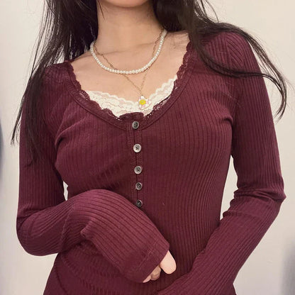 Voguable  Y2K Button-up Knitted Top Red Year Christmas Coquette Aesthetic Slim-fit T-shirts Sweet Cute Knitwear Festival Tees