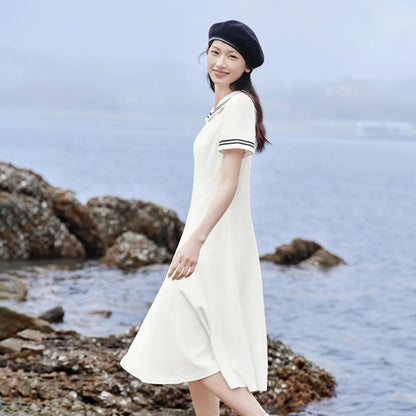 Dress Women Navy Collar With A Collegiate And Artistic Style  Summer New White Moonlight Waist-Cinched Long Dress