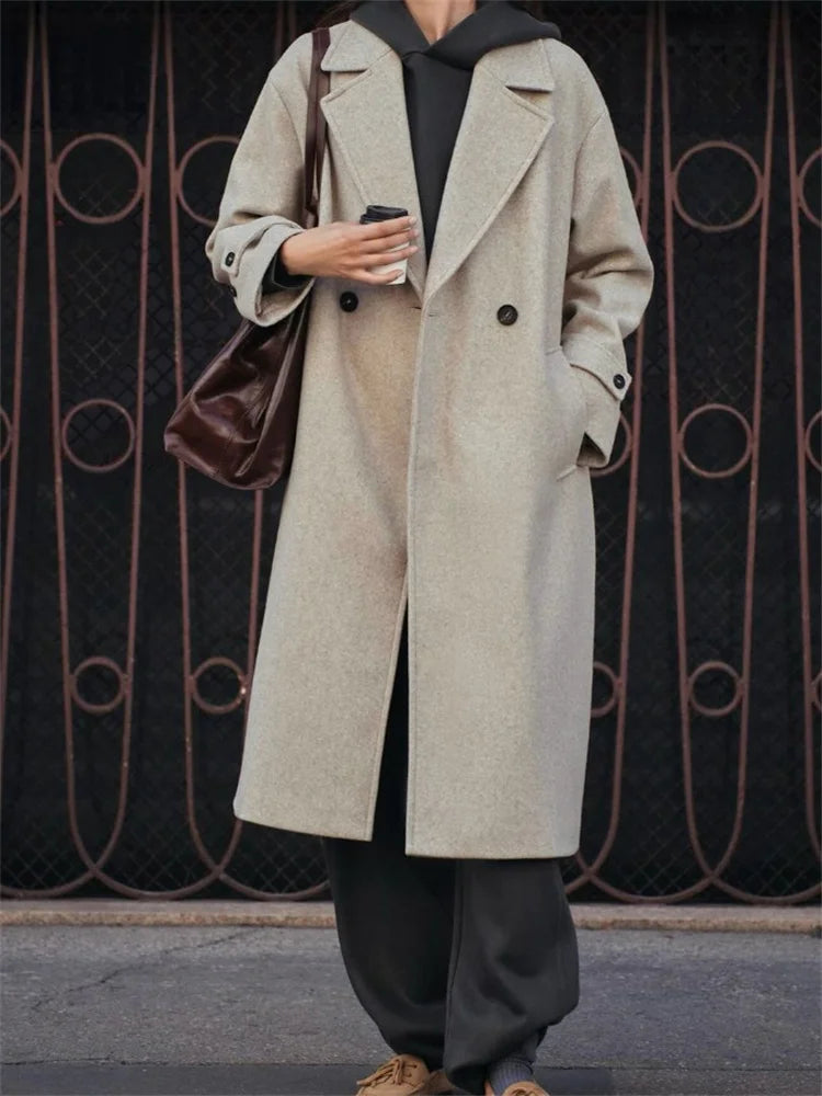 Loose Fashion Women’s Overcoat Pocket Lapel High Waist Long Sleeve Winter  Ladies Jacket Coat Solid Patchwork Outwear
