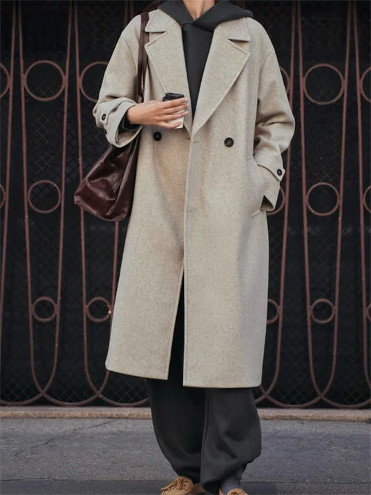 Loose Fashion Women’s Overcoat Pocket Lapel High Waist Long Sleeve Winter  Ladies Jacket Coat Solid Patchwork Outwear