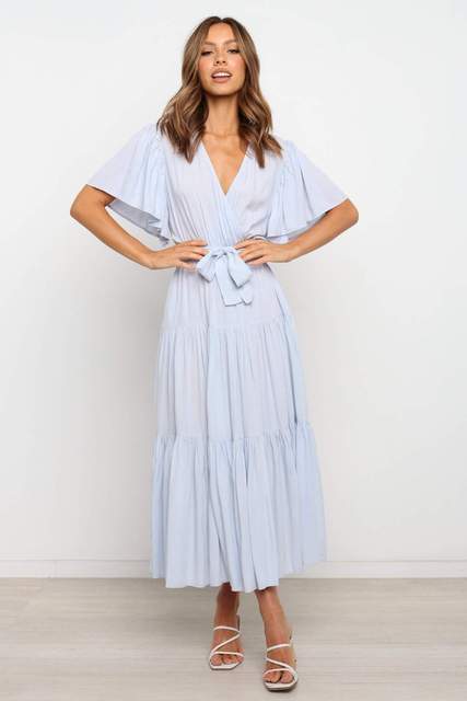 Trendy Solid Color Ruffles Long Dresses Women Sexy V-neck Ruffle Sleeves Leace-up Temperament Elegant Lady Dress 2025 Summer New