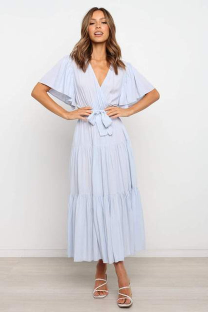 Trendy Solid Color Ruffles Long Dresses Women Sexy V-neck Ruffle Sleeves Leace-up Temperament Elegant Lady Dress 2025 Summer New