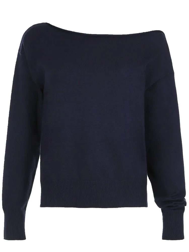 Dark Blue Solid Minimalist Style Autumn Winter Sweaters Women White Simple Basic Casual Loose Knitted Pullover Jumpers