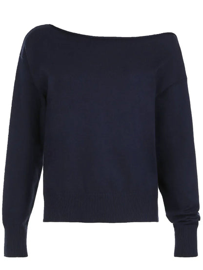 Dark Blue Solid Minimalist Style Autumn Winter Sweaters Women White Simple Basic Casual Loose Knitted Pullover Jumpers