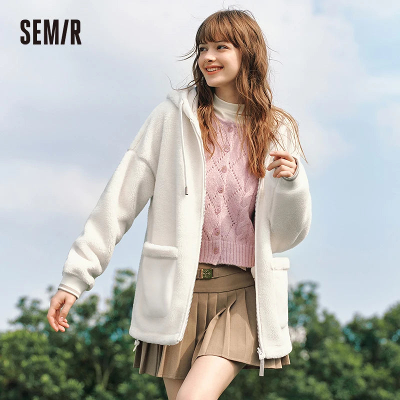 Coat Women Imitation Lamb Wool Polar Fleece Double-Sided Wear Loose  New Winter Contrast Color Simple Hooded Jacket