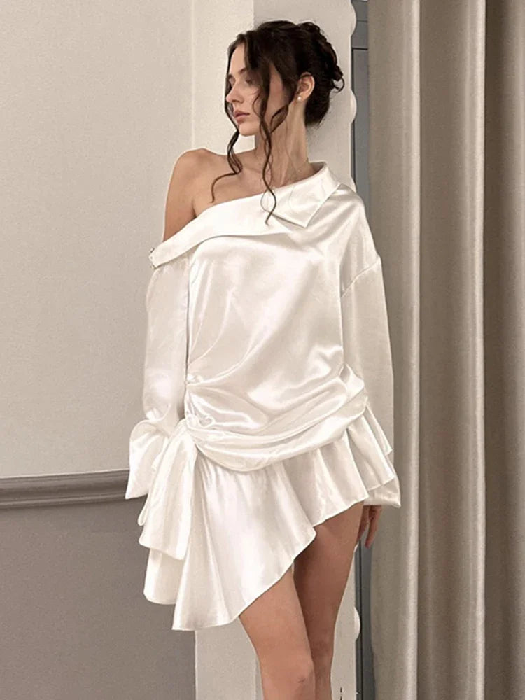 Elegant Draped Mini Dress For Women Sexy Backless Irregular Skew Collar Long Sleeve Party Dresses Solid High Waist