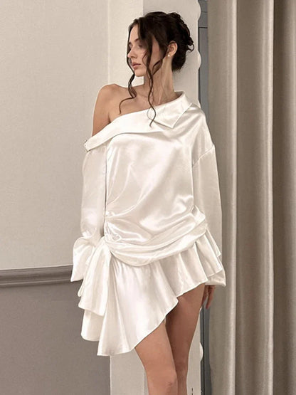 Elegant Draped Mini Dress For Women Sexy Backless Irregular Skew Collar Long Sleeve Party Dresses Solid High Waist