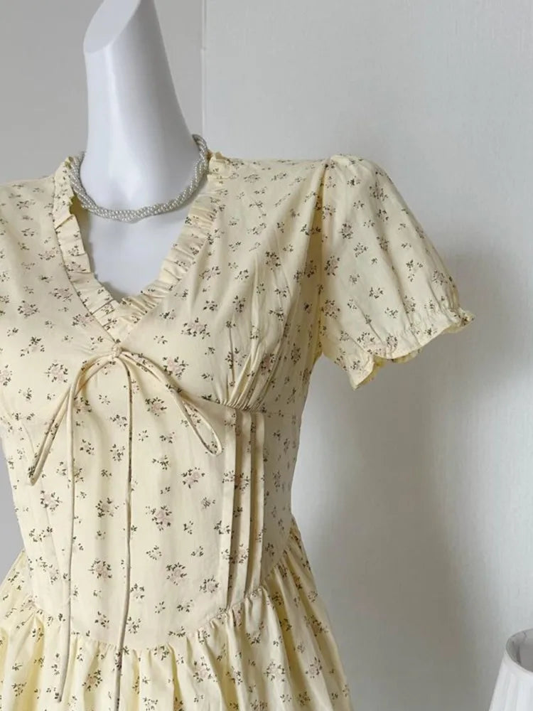 French Floral Printed Short Dresses for Women Y2K V-neck High Waist Birthday Party Dress Korean Chic Prom A-line Summer Vestidos