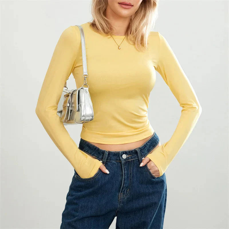 y2k Crop Tops Solid Color Round Neck Long Sleeve Tshirt 2000s Tees Casual Clothing Streetwear