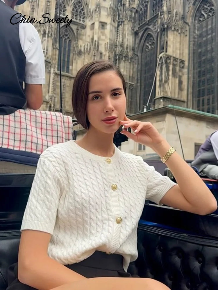 Knitted Single Breasted Cardigans Women Solid O-neck Short Sleeve Ribbed Sweaters Female  Fashion New Slim Ladies Casual Top