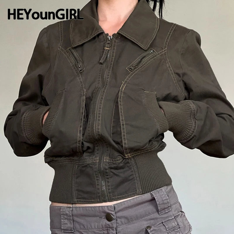 Fashion Y2K Women Cargo Jacket with Zipper Vintage Autumn Casual Stitch Detail Lady Pockets Coat Street Outfits