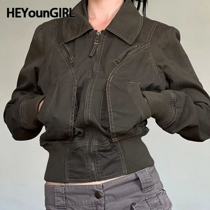 Fashion Y2K Women Cargo Jacket with Zipper Vintage Autumn Casual Stitch Detail Lady Pockets Coat Street Outfits