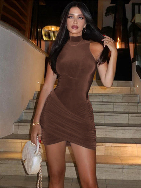 Sexy Sleeveless Patchwork Mini Dress Female Solid Skinny Pleated Fashion High Waist Casual Dress For Women Party Dress New