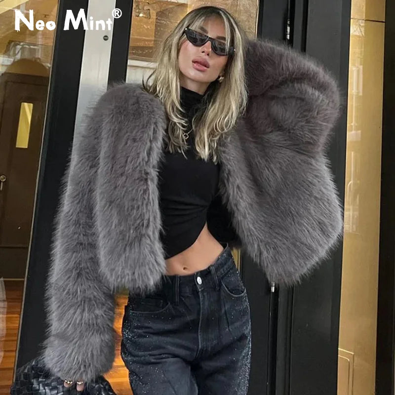 Street Fashion Girls Gray Fluffy Short Faux Fox Fur Jacket Women Winter  Hot Brand Thick Warm Eco Fur Coat Female