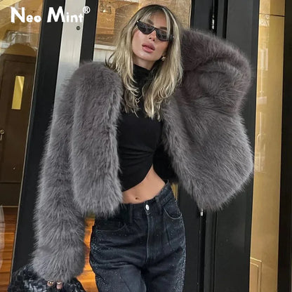 Street Fashion Girls Gray Fluffy Short Faux Fox Fur Jacket Women Winter  Hot Brand Thick Warm Eco Fur Coat Female