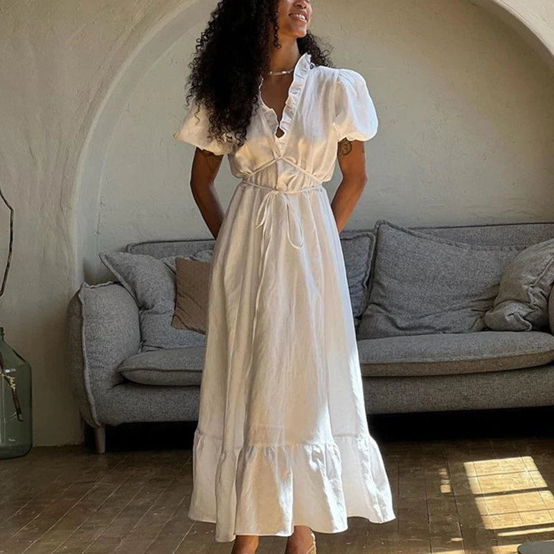 Leisure V-Neck Lace Up White Maxi Dress For Women Solid Color High Waisted Short Sleeves Ruched Patchwork Girdle Dress