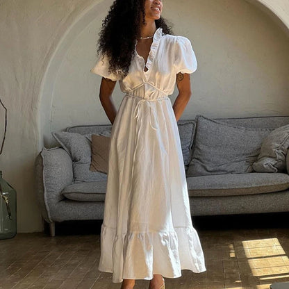 Leisure V-Neck Lace Up White Maxi Dress For Women Solid Color High Waisted Short Sleeves Ruched Patchwork Girdle Dress